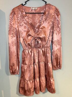 Romantic Floral Satin Tie-Front Tiered Mini Dress - Dusty Rose pretty and pink
